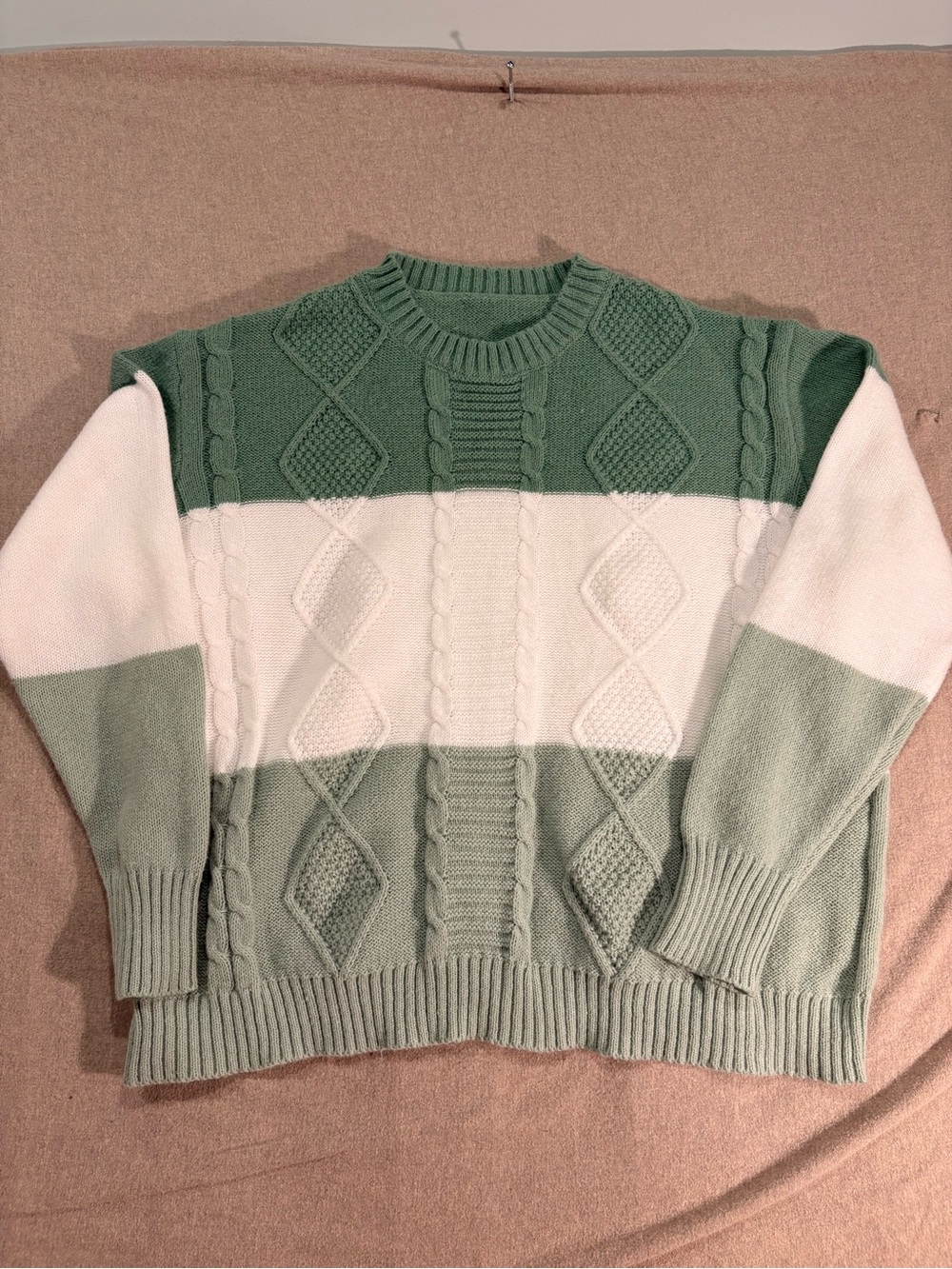 Women's Cable Knit Colorblock Sweater - Sage, White & Mint